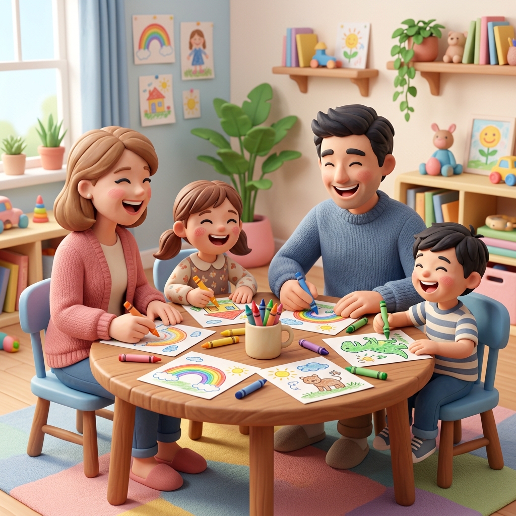 Padres y madres coloreando dibujos con sus hijos y divirtiéndose