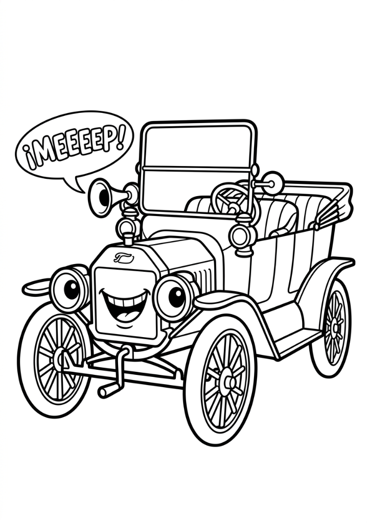 Coche clásico con cara sonriente para colorear