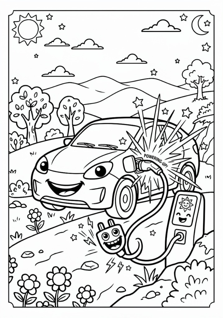 Coche eléctrico cargando para colorear