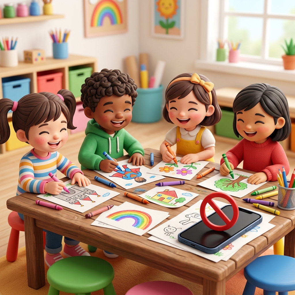 Niños coloreando dibujos divertidos de animales y un móvil con señal de prohibido - Menos pantallas, más creatividad